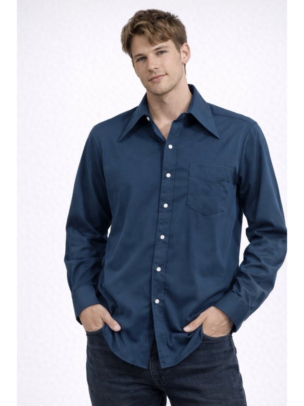 VTG 70s Men Shirt 16 / 34 L Dagger Collar Disco Van Heusen Van Knit blue Button